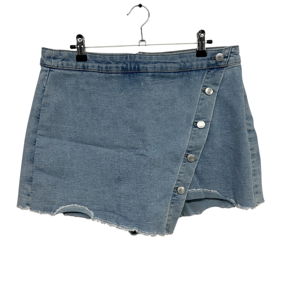 Asymmetrical Button Front Denim Skort Y2K Streetwear 13 Light Wash Raw Hem Indie